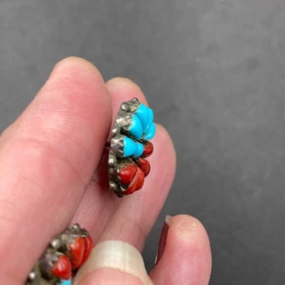 Vintage Zuni Sterling Turquoise Coral Pierced Earrings - Picture 4 of 5
